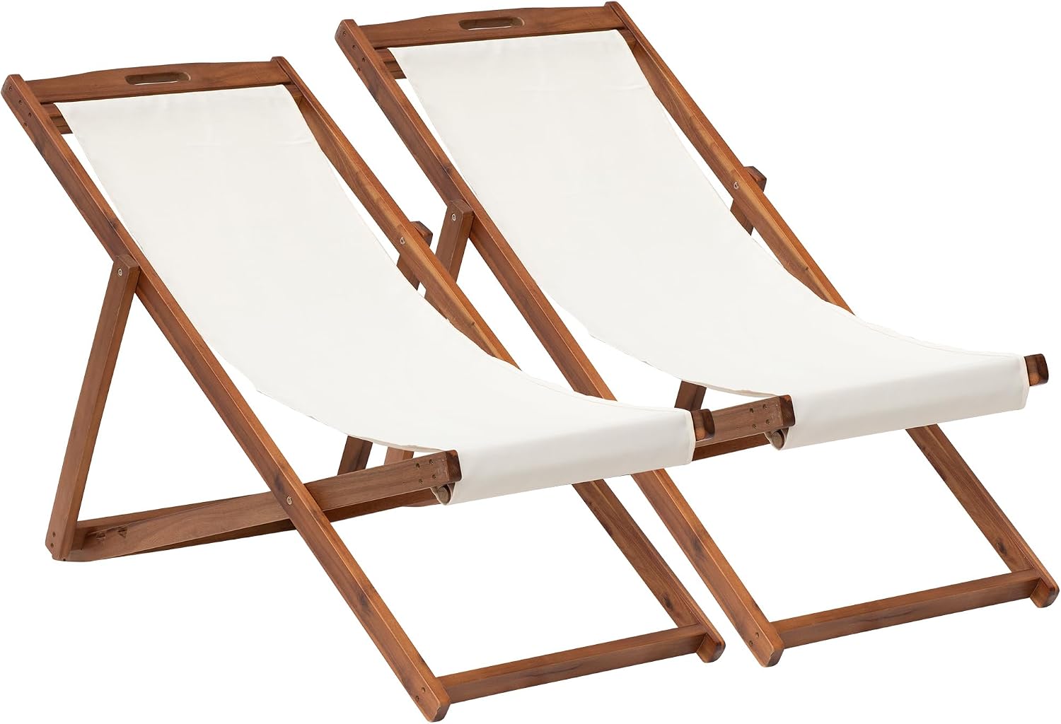 PayLessHere Beach Lounge Chair 2 Set, Outdoor Wooden Patio Sling Chair with 3-Level Adjustable Recline, Portable Folding Beach Chair with Solid Wood Frame & Durable Canvas Khaki