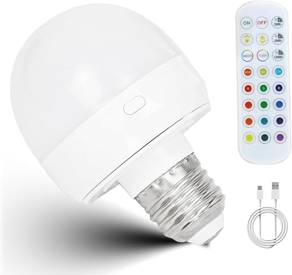 GEEZO LED Rechargeable Light Bulb with Remote Control, 3 Color Temperatures, E26/E27 Lamp Base, 2500mAh Battery Operated, Wireless Dimmable Lighting for Home Closet Cabinet Bedroom