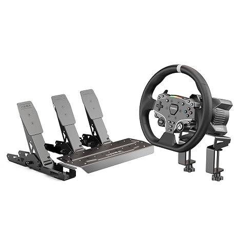MOZA R3 Wheelbase, ES Steering Wheel for Xbox, Throttle & Brake & Clutch Pedals and Desk Clamp Bundle