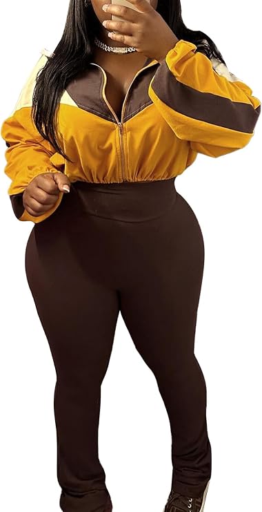 LKOUS Womens Sweatsuits 2 Piece Set,Color Block Long Sleeve Crop Top and Flared Pant Jogger Sets