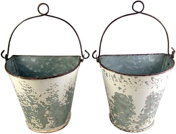 Primitive Galvanized Half Round Bucket Wall Planters, 6 3/4 Inches