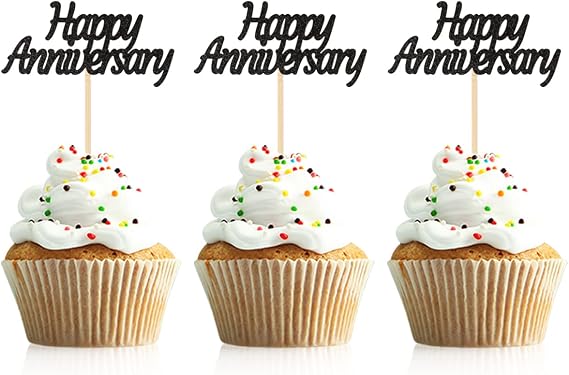 48 Pcs Black Glitter Happy Anniversary Cupcake Toppers Picks for Anniversary Party Cake Decorations