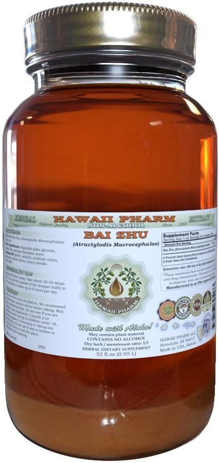 Hawaii Pharm Bai Zhu Alcohol-Free Liquid Extract, Bai Zhu, Atractylodes (Atractylodis Macrocephalae) Root Glycerite Natural Herbal Supplement 32 oz Unfiltered