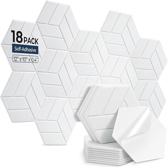 18 Pack Hexagon Acoustic Panels Self-Adhesive, 30x26x0.9cm High Density Sound Absorbing Panels for Walls, Soundproofing Foam Panels for Studio, Home Office, Gaming Room, Recording Room（White）