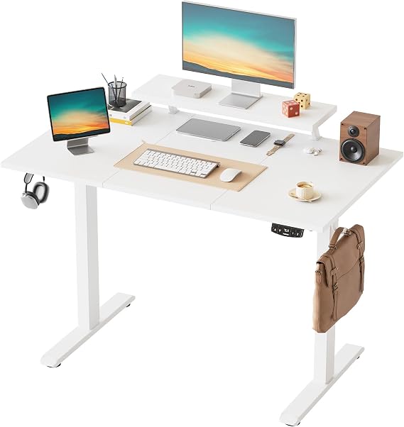 Klicelor Electric Height-Adjustable Desk with Movable Monitor Stand, 120 x 60 cm Sit-Stand Desk with 2 Memory Buttons and 3-Piece Table Top, Computer Desks, White
