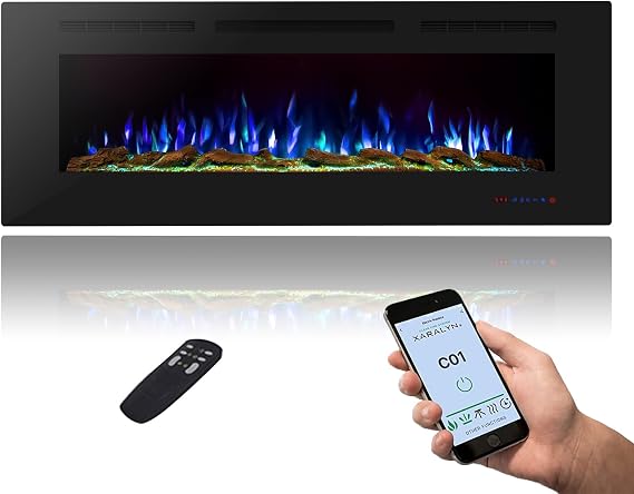 60 Inch WiFi Smart Electric Fireplace, Recessed and Wall Mount Fireplace Heater with 13 Flame &3 Top Light, Remote Control Fireplace with Timer &Thermostat, Black, Ventless, Work with Alex