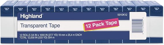 Highland Transparent Tape, 3/4" x 1000", 1" Core, Clear, 12/Pack (5910K12)