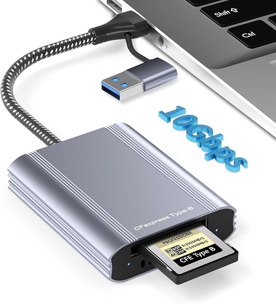 CFexpress Type B Card Reader with USB 3.2 Gen 2 10Gbps & USB-C/USB-A 2-in-1 Type B CFexpress Adapter, Compatible with Windows/Mac/Linux/Android, for iPhone 17/16/15, Laptops, Tablets, Smartphones