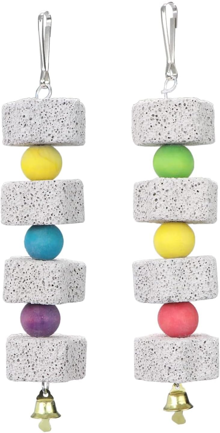 2Pcs Parrot Bird Chewing Toy, Bird Beak Grinding Stone with Bell, Lava Block Calcium Supplement Food for African Greys Amazon Conure Eclectus Budgies Parakeet Cockatiel Hamster Chinchilla Rabbit
