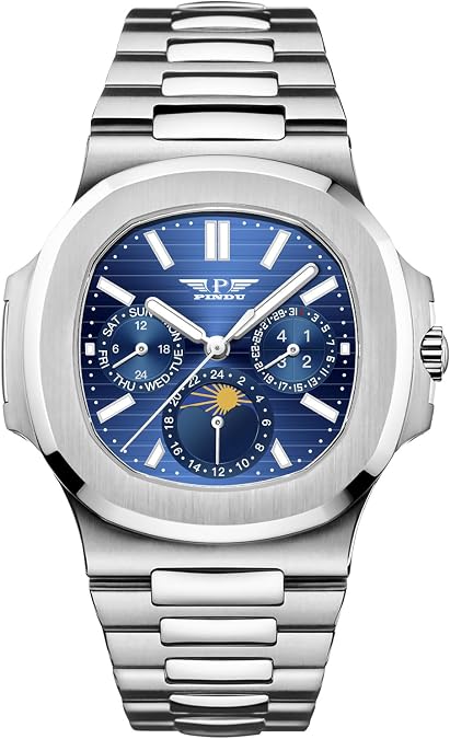 Automatic Watches for Men, Elegant Oval Watch Stainless Steel Strap Skeleton Self-Winding Mechanical Watch Blue Wrist Watch Gift for Men