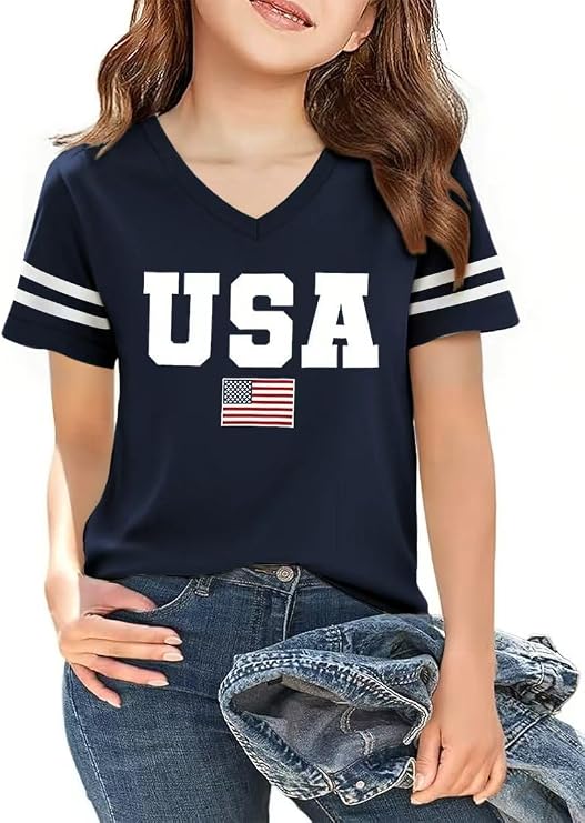 V-Neck American Flag 4th of July Shirt for Girls Kids Summer Independence Day Bow Printed Graphic T Shirt