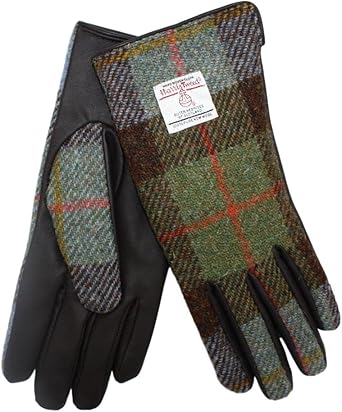Harris Tweed Ladies Gunn Tartan Tweed With Brown Leather Gloves