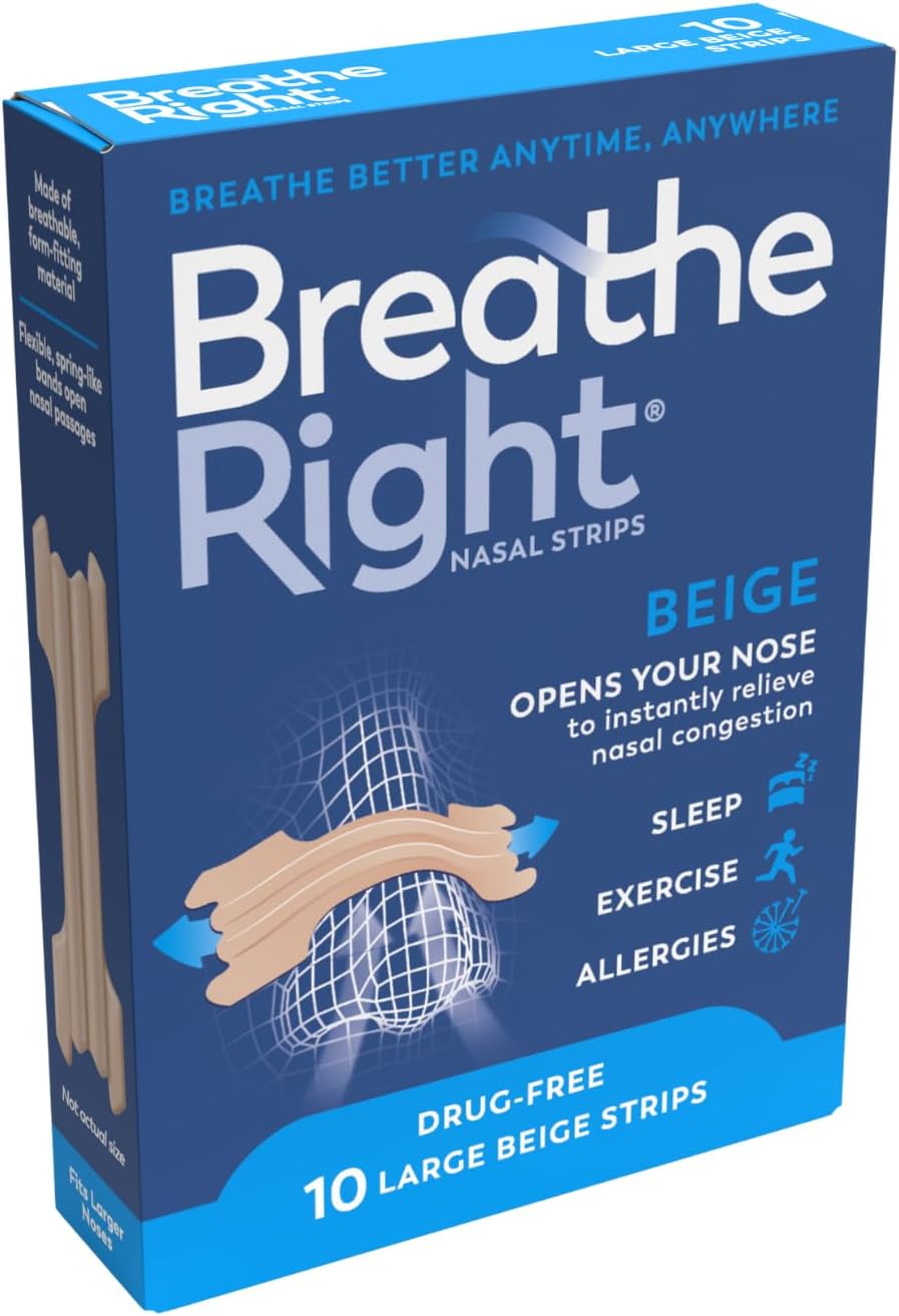 Breathe Right Original Tan, Beige Large 10 Pieces, Nasal Strips for Snoring, Nose Strips for Breathing, Blocked Nose Relief, Drug-free Snoring Aid for Men and Women, Packaging may vary