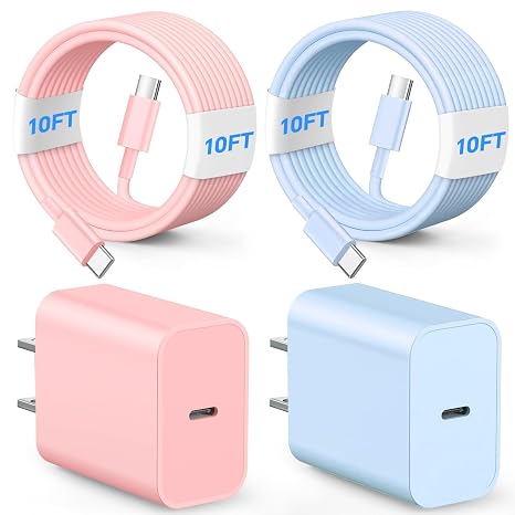 Compatible with Phone USB C Charger Fast Charging,20W Type C Charger Block with 10FT USB C to C Cable(2Pack), Fast Charging Cable for Phone 17/16/15 Pro/Pro Max/Plus,Pad Pro/Air, Pink Blue