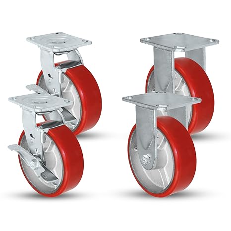 6 x 2 Heavy Duty Caster Set with Red Polyurethane on Steel Wheels, 1,200 lbs Capacity per Caster, 6" Size (4 Pack), Toolbox casters
