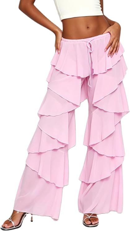 Women Ruffled Wide Leg Pants Casual Solid Drawstring Low Rise Long Trousers