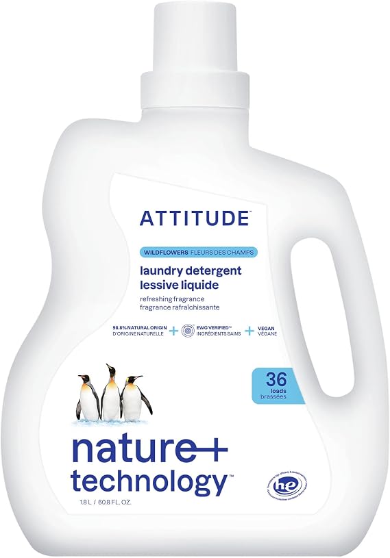 ATTITUDE Liquid Laundry Detergent, EWG Verified, HE Compatible, Plant-Based & Vegan, Natural Laundry Soap, Wildflowers Scent, 36 Loads, 1.8 Liters