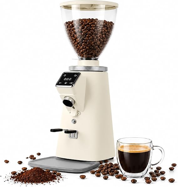 Timed Coffee Grinder with 64mm Stainless Steel Burrs - Single Dose, Double Dose, Manual Grind Button White