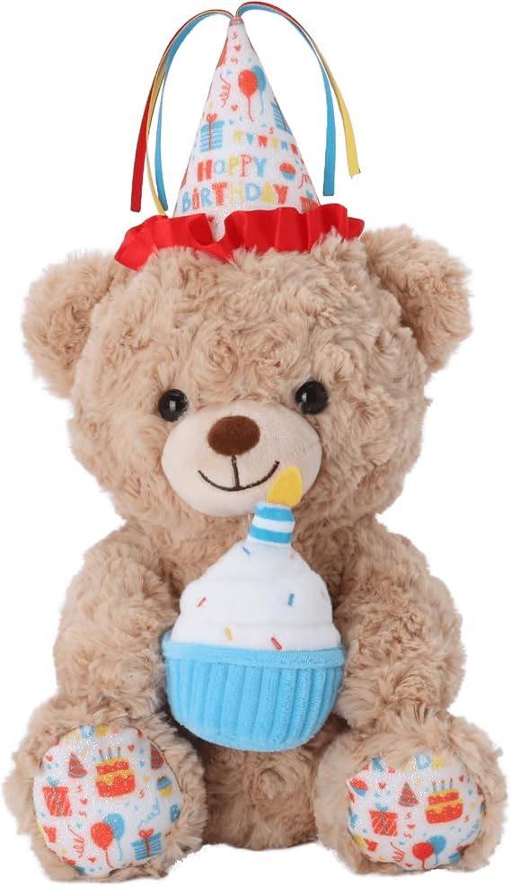 Linzy 8.5 Light Up Bear Stuffed Animal with Party Hat & Cupcake, Soft Musical Plush Toy with Magic LED Lights, Glowing Cute Plushie Teddy Bear, Birthday for Toddlers Kids & Adults