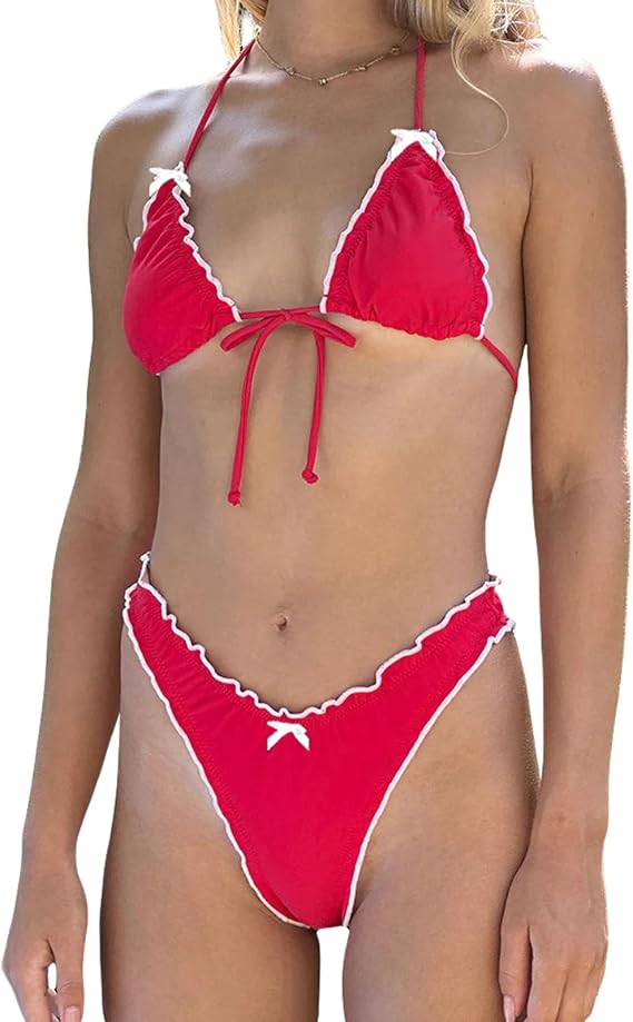 Women's Halter String Bikini Sets 2-Piece Cute Elastic Low Waist Printed Swimming Bathing Suit Sexy Beach Swimwear