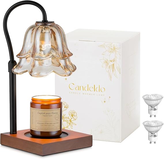 Candeldo Candle Warmer Lamp with Timer, Gold Floral Glass Shade
