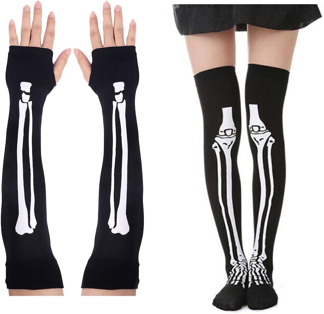 SIBOSUN Halloween Womens Skeleton Fingerless Gloves & Stockings Party Mardi Gras Carnival