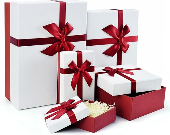 Gift Boxes for Present, 5 Luxury Gift Box with Lids, Luxury Gift Boxes with Ribbon for Christmas, Birthday, Anniverssaries, Celebration, Weddings, etc.(Red/White)