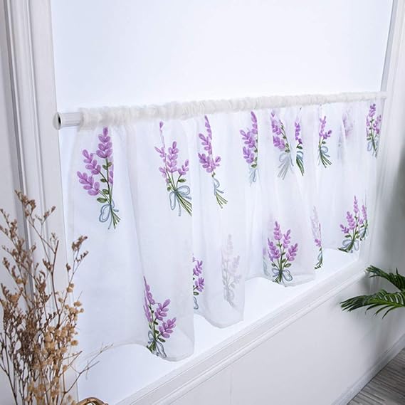 Kitchen Curtains Flower Embroidery Net Curtain Pastoral Shade Kitchen Curtains Half Curtain Short Panel Drapes purple 100X50CM wear rod