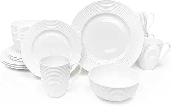 Bone China 16 Piece Dinnerware Dish Set, Service for 4, White Embossed Circle, Microwave Safe, Translucent, Elegant giftware, Essential Home, Formal and Everyday Living, Kitchen Dishes, Dinner Set