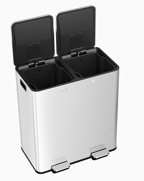 2 x 8-Gallon Dual Compartment Kitchen Trash Can, Stainless Steel Silver Garbage Bin with Airtight Hinged Lids, Perfect for Waste Separation in Kitchen, Office, or Bathroom
