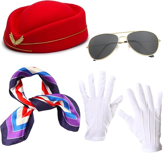 Womens Flight Attendant Costume Set Stewardess Accessories with Bellhop Hat, Scarf, Sunglasses & Gloves