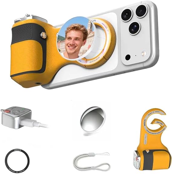 Upgraded Mag-Safe Magnetic Camera Handle Grip with Mirror Carabiner & Thumb Rest, Detachable Rechargeable Shutter Remote Compatible with iPhone Pro Max for Video Calls/TK