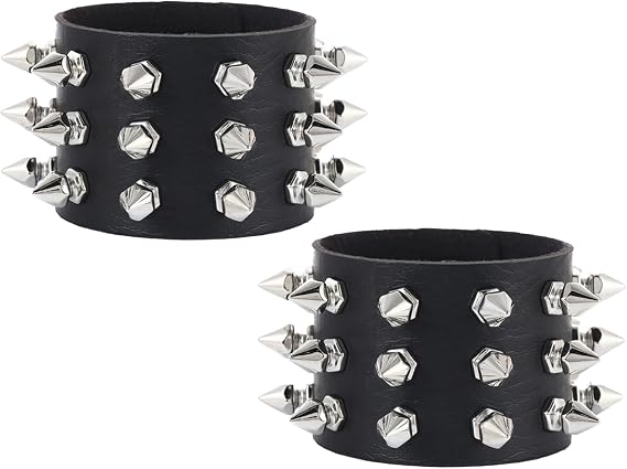 2Pcs Punk Studded Bracelet,Black Gothic Jewelry Punk Rock Spiked Bracelets Adjustable PU Leather Cuff Rivet Wristband for Men Women Vintage 80s 90s Emo Accessories Halloween Christmas Punks Gift