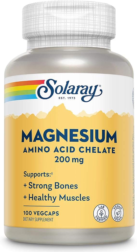 SOLARAY Magnesium Amino Acid Chelate 200 mg, 100 VegCaps | Bone, Heart & Muscle Support - Chelated with Glycine & Aspartic Acid - 100 Servings - Vegan, Lab Verified