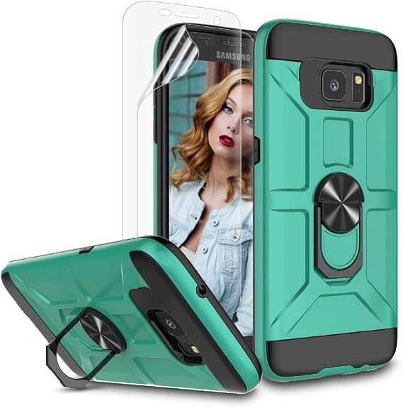 Jeylly for Samsung Galaxy S7 Edge Case with HD Screen Protector, 360 Rotatable Metal Ring Holder Kickstand, Heavy Duty Shockproof for Galaxy S7 Edge - Turquoise