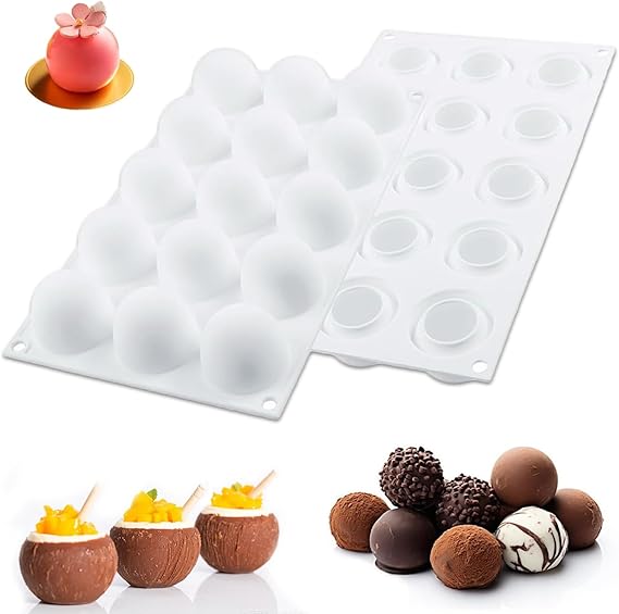 15 Cavities Spherical Silicone Chocolate Mould, Baking DIY Tools Ball Mould, Set of 2 Pieces Non Stick Silicone Molds for Cake Chocolates Jelly Ice Cream, etc