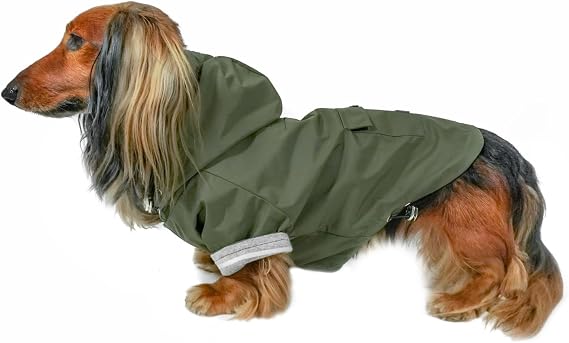 DJANGO Highland Dog Jacket & Raincoat Water-Repellent, Lined Dog Coat with Hood, Adjustable Fit & Harness Hole Lightweight Rain & Wind Jacket for Small & Medium Dogs up to 30 lbs (Olive, Small)