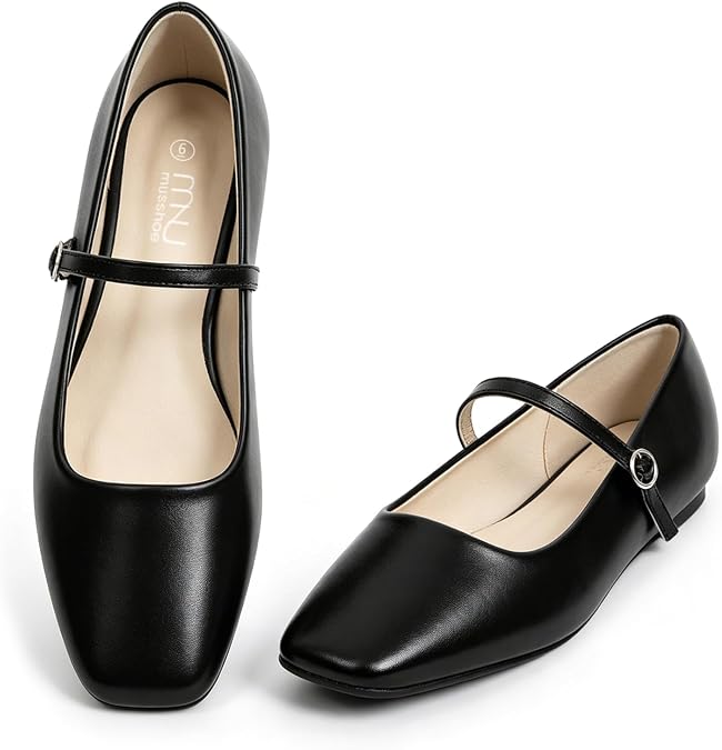 MUSSHOE Square Toe Mary Jane Flats for Women: Comfortable Non-Slip Dressy Business Casual Shoes with Adjustable Strap for Office Work