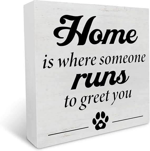 Inspirational Wood Box Sign Pet Home Wood Box Sign Decor Desk Sign Home is Where Someone Runs to Greet You Wooden Box Block Sign Rustic Home Shelf Wall Decoration 7x7 Inch