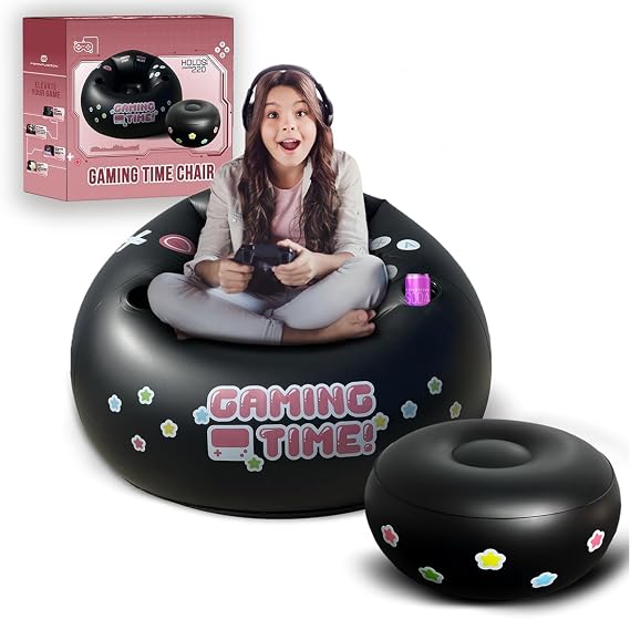 FranFusion Inflatable Pink Gaming Chair for Kids & Teens with Cup Holders and Side Pocket - This Air Bean Bag Game Chair is The Perfect Furniture for Gamer Room Decor (Gaming Time with Ottoman)