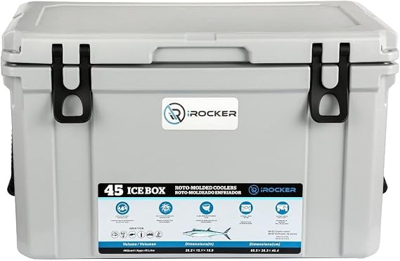 iROCKER 45L Roto-Molded Cooler, Heavy Duty Ice Box Equipped with Quick Drain Water Release Valve, 26" x W 15" x H 16"
