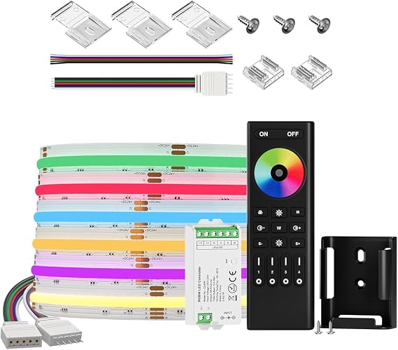 BTF-LIGHTING FCOB COB RGBW 4000K Uniform LED Strip 896LED/m 16.4FT DC12V 12mm Width Color Changing LED Light,RGBW RF Remote RC03RFB & C04RF Controller Kit 4-Zone Control(No Power Supply or Controller)