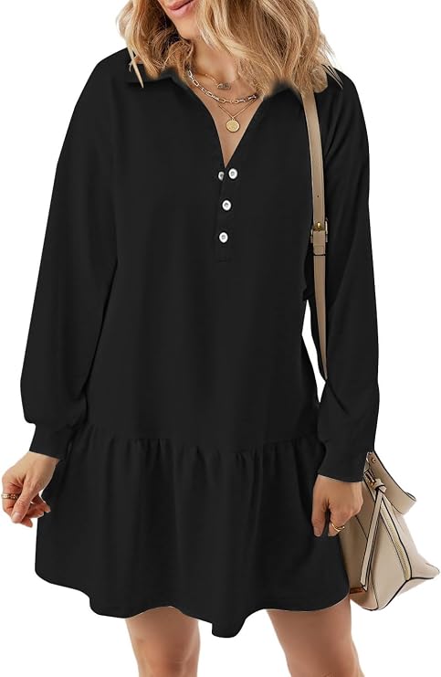kipfall Women's Casual Dresses Long Sleeve Button V Neck Sweatshirt Dress Lapel Collared Pullover Dress