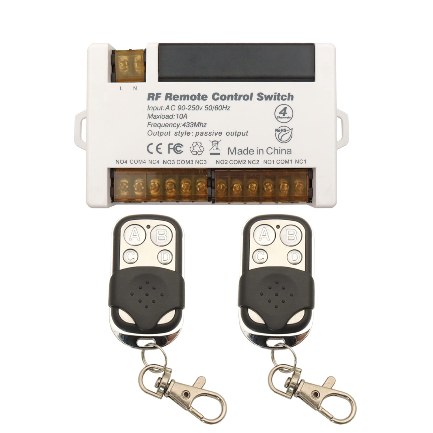 DieseRC 4 Channels Wireless Relay Remote Control Switch 433Mhz RF AC 240V 220V 10A Relay Receiver with 2 Transmitters Keyfob, Big Terminal Easy Wiring