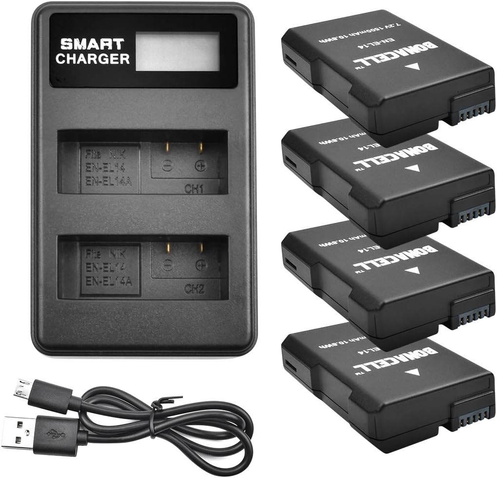 Bonacell 4 Pack Replacement EN-EL14 Battery and LCD Dual Charger for D5600, D3400, D3500, D5100, D5200, D5300, D5500, D3100, D3200, D3300, DF, Coolpix P7000, P7700, P7100, P7800 Camera