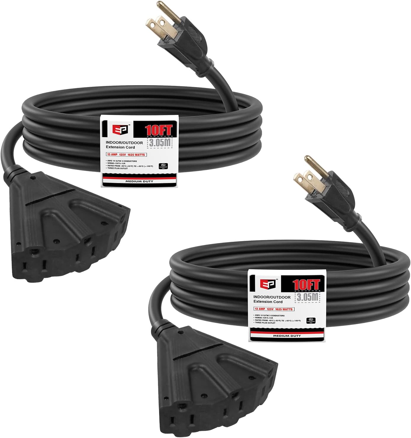 EP 2 Pack 10 Ft Outdoor Extension Cord with 3 Electrical Power Outlets - 163 SJTW Black Cable with 3 Prong Grounded Plug for Safety Great for Christmas Lights, Garden and Major Appliances