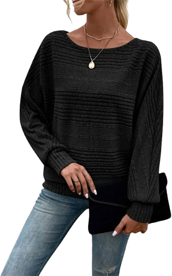 Women's Soft Solid Batwing Sleeve Pullover Long Sleeve Top, Casual Round Neck Pullover Top