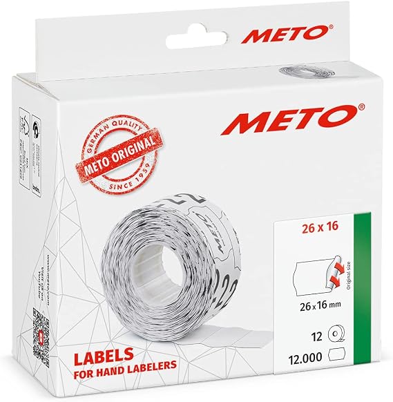 Meto Etiketten für Handauszeichner (26 x 16 mm 2-zeilig 12.000 Stück weiß permanent haftend für METO Contact Sato Avery Tovel Samark etc.)