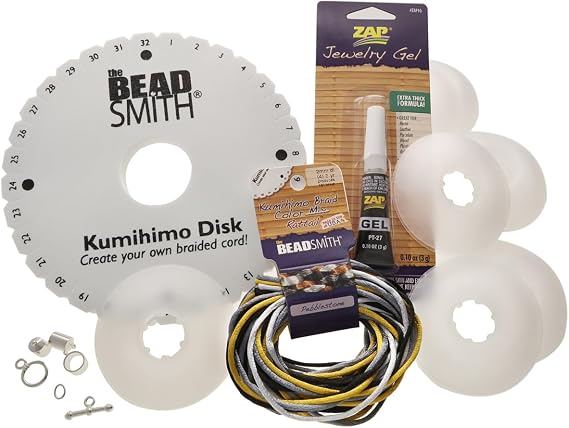 The Beadsmith Kumihimo Starter Kit, Japanese Art of Braiding | Includes Disk, Adhesive, Bobbins, Findings, Cord and Instructions & Projects, Beginner Set with All Your Jewelry Tools