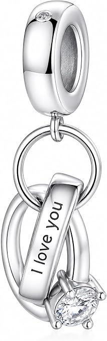 Bolenvi Engagement Ring Charm, 925 Sterling Silver Wedding Rings Dangle Charm with Cubic Zirconia, Compatible with Pandora Bracelets, Anniversary & Proposal Gift